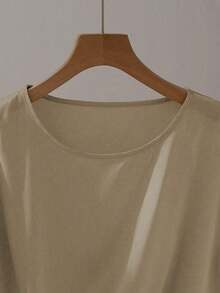 Blusa elegante de manga corta, cuello redondo, con volantes y lazo, color caqui, para primavera/verano - Caqui - Ver 5