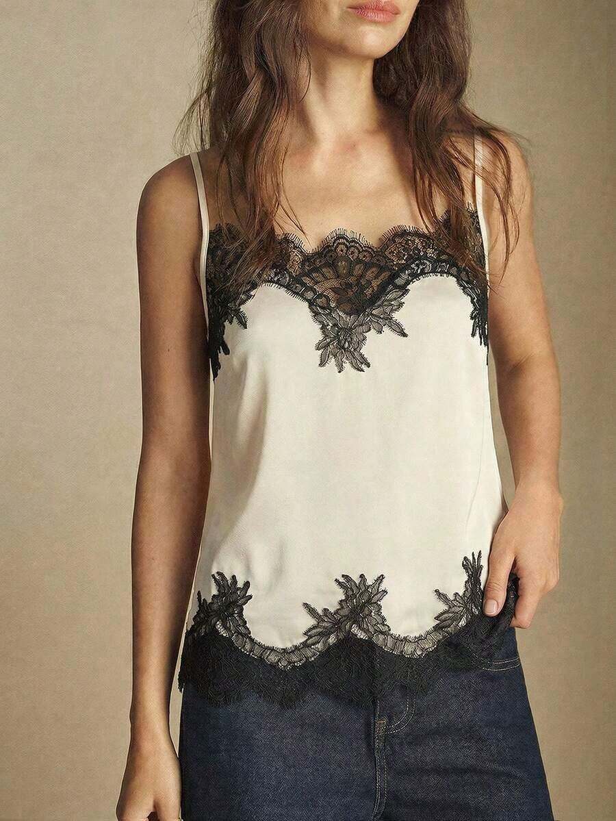 Camiseta sin mangas con ajuste de tirantes y encaje, versátil para usar en primavera/verano, adecuada para Pascua, Día de San Patricio, estilo vintage romántico de los 90, fiesta, playa, graduación, vacaciones, invitado de boda, casual, elegante - Beis - Ver 1