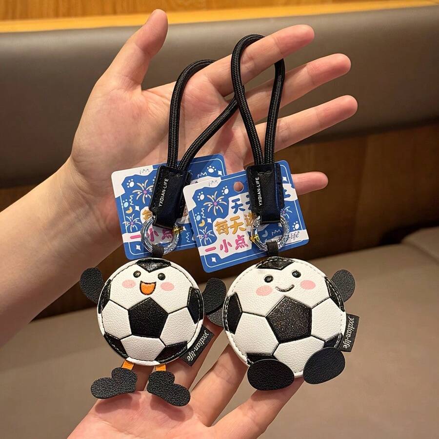 1pc Mini Cute & Energetic Football Style PU Leather Keychain, Cartoon Black & White Football Figurine Zinc Alloy Keyring - Multicolor - View 1