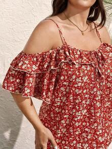 Camiseta romántica con volantes y escote descubierto de corazoncitos para vacaciones, talla grande.Ideal para fiesta casual, picnic o San Valentín. - Naranja 2 - Ver 9