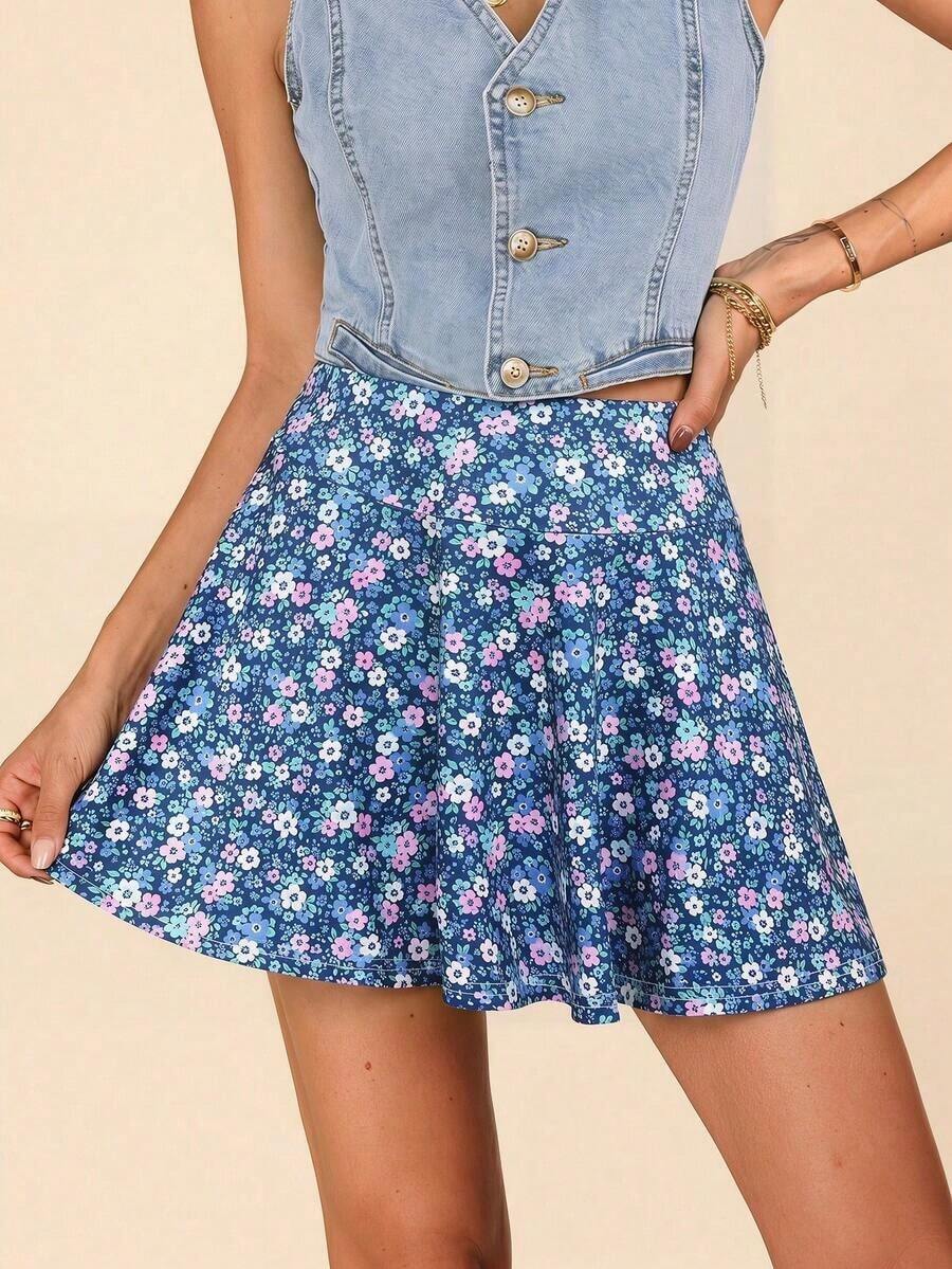 Minifalda con estampado floral para mujer, casual y de moda para uso diario - Azul - Ver 1