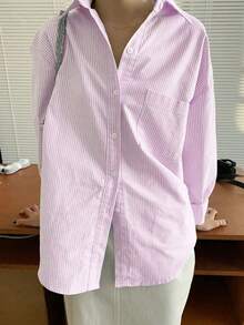 Camisa de manga larga con bolsillo y hombros caídos a rayas verticales, ropa de otoño - Rosa Pálido - Ver 3