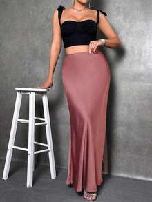 Falda de estilo de cola de sirena de unicolor para mujer, falda de satén, falda larga elegante, adecuada para fiestas y uso diario - Color caoba - Ver 5
