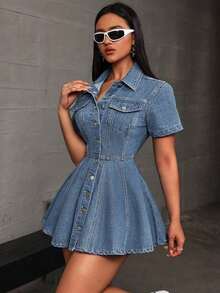 Vestido corto de mezclilla casual con botones para mujer, manga corta y cierre frontal con botones - Azul - Ver 3