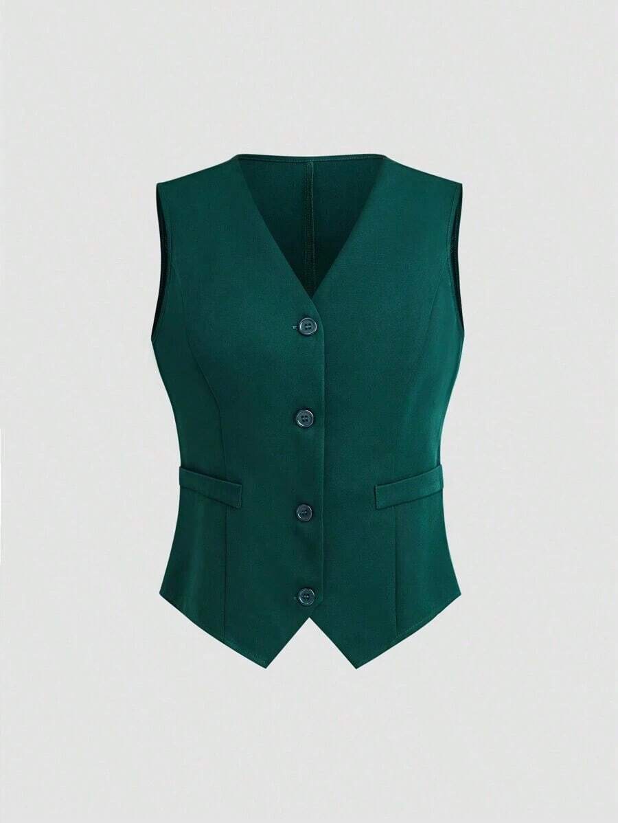 Chaleco minimalista de unicolor con cuello en V, sin mangas y con botones delanteros - Verde Oscuro - Ver 1