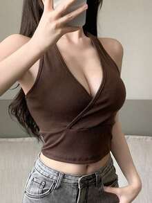 Top halter acanalado de un solo color, top de salida, top de tirantes, atuendo de crucero para mujeres - Café integral - Ver 8