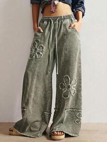 Jeans de pierna ancha de unicolor casual para mujer - Gris - Ver 10