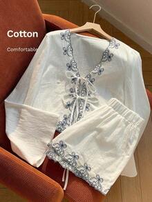 Conjunto de blusa con amarre al frente y shorts con estampado de anacardo para mujer, en estilo bohemio - Azul - Ver 8