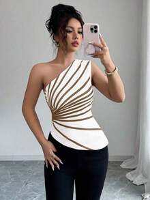 Blusa de punto con estampado de hombro oblicuo elegante para vacaciones de verano para mujer - Caqui - Ver 5