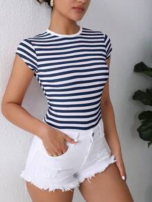 Camiseta con estampado de rayas de cuello redondo - Azul marino - Ver 1