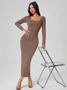 Vestido largo de manga larga con cuello cuadrado color negro sólido ajustado, vestido elegante de manga larga para mujer con cuello cuadrado, ajuste ceñido, manga recta, liso, para uso diario casual en primavera/otoño - Camel - Ver 4