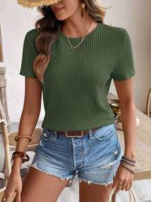 de manga corta para la primavera y el verano con cuello redondo y unicolor en tela texturizada para uso casual - Verde Oscuro - Ver 6