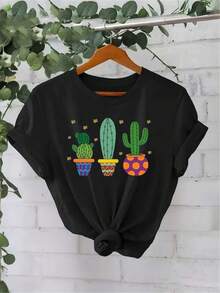1 Pieza Playera Casual Unisex Estilo TendenciaCamiseta única Y2K con diseño vibrante de cactus y macetas coloridas ideal para destacar tu estilo mexicano moderno perfecta para cualquier ocasión y amante de la moda que busca un toque tropical en su outfit - Negro - Ver 1