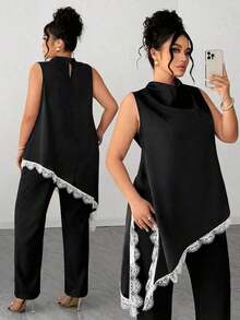 Blusa sin mangas con dobladillo de encaje para mujer de talla grande, elegante blusa larga de estilo vintage, versátil para el trabajo, graduación, vacaciones, San Valentín, festivales de música, Día de la Madre, Halloween, Acción de Gracias, Pascua, Día Nacional, bailes, citas, bodas, salidas, etc. - Blanco y Negro - Ver 2