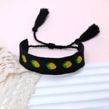 1pc Embroidered Lemon Elegant & Cute Handmade Braided Bracelet, Adjustable Size, Suitable For Party, Travel, Boho Style - Black - View 5