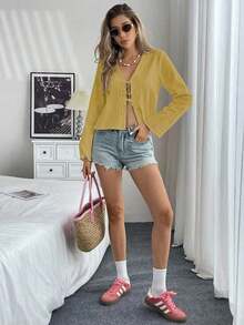 Blusa suelta de hombros caídos con nudo delantero, unicolor, de estilo informal, con mangas acampanadas para mujer - Mostaza Amarilla - Ver 5