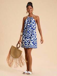 Vestido corto holgado con hombros al descubierto y estampado tejido para mujeres para vacaciones - Azul y blanco - Ver 6
