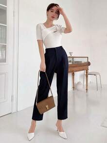 Pantalones rectos casuales de negocios para mujeres - Azul marino - Ver 3