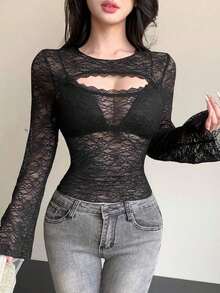 Camiseta corta de mujer de manga corta ajustada con diseño calado, para verano - Negro 3 - Ver 9