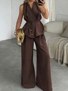 Conjunto de 2 piezas elegante de algodón para mujer con cintura anudada, top sin mangas con cuello en V y volantes, y pantalones anchos de pierna ancha, para uso casual en el trabajo, vacaciones, verano en color marrón - Marrón - Ver 9
