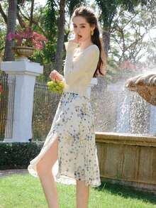 Vestido de tirantes con abertura lateral con estampado floral, blanco, elegante para vacaciones de verano - Blanco - Ver 4