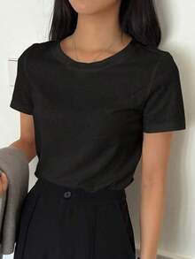 Camiseta de manga corta casual de cuello redondo de unicolor, estilo casual de negocios para mujer - Negro - Ver 8