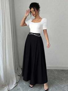 YHHRafferiza Petite Vestido midi de mujer con escote cuadrado y mangas cortas con estampadoYHH - Multicolor 5 - Ver 5