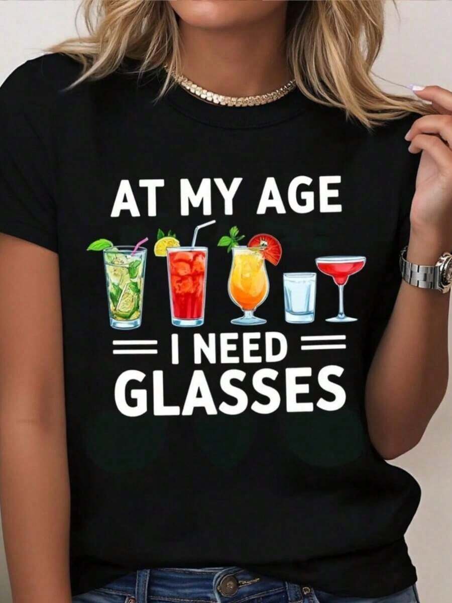 Funny Cocktail Print T-Shirt "I'm This Age And I Still Wear Glasses" - Black Short-Sleeved Crew Neck T-Shirt, Loose Fit, With Martini And Manhattan Cocktail Designs, Breathable And Casual For Summer, Suitable For Parties, Travel And Everyday Wear (For Over 40s) Women's T-Shirts - 黑色 - 查看 1