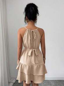 Vestido mini ajustado y acampanado sin mangas, elegante, de color caqui, con lazo de cuentas para mujer, para primavera/verano - Negro - Ver 10