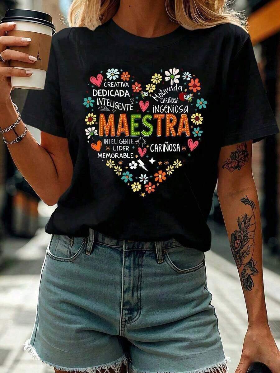 2026 Spring & Summer Fashion For Ladies, Women's Letter Print T-Shirt: Dedicated, Intelligent, Motivated, Affectionate, Astute, Leader, Memorable, Casual Round Neck, Short Sleeve Summer Top, Graphic T-Shirt, Graphic T-Shirts For Women, Summer T-Shirt, Casual T-Shirt, Holiday Clothes For Women, Youthful And Fashionable Design. - 黑色 - 查看 1