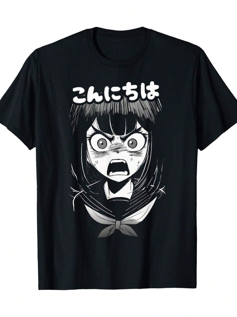 Camiseta Japonesa con Estampado de Anime Gótico enojado diciendo 'Konnichiwa' - 100% Tejido de Punto, Cuello Redondo Casual para Adultos, Corte Regular, Camiseta de Manga Corta para Todas las Temporadas con Patrón Geométrico de Transferencia Térmica Digital, Ligeramente Elástica, 220Gsm - Negro - Ver 1