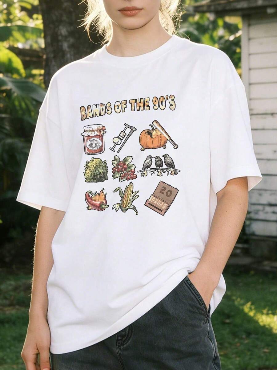 Camiseta de manga corta con cuello redondo suave y casual para mujer, estampado gráfico divertido de bandas retro de los 90. Blanco. - Blanco - Ver 1