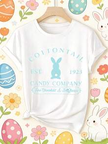 Women's Casual Sports T-Shirt, 100% Cotton, Round Neck, Cute Bunny Design With Bow, Sweet And Charming, Feminine Style, Ideal For Dates, Easter Gift, Bunny Design With Bow, Fun, For Easter, Comfortable To Wear In All Seasons. - 白色 - 查看 1