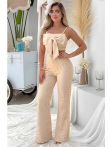 VOGUES Set 2 piezas Encaje PREMIUM Moda Mujer Blusa moño & Pantalón Importación Lace con Forro & Zipper Tejido grueso - Beis - Ver 4