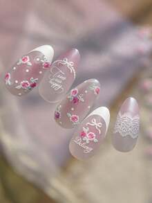 1张压纹粉色花朵美甲贴纸，精致玫瑰和“Delicate”字母印花，防水自粘美甲贴花 - 彩色 - 查看 2