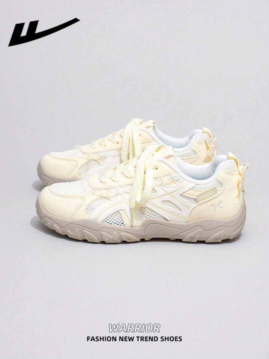 WARRIOR 1 par de zapatillas casuales de mujer con suela gruesa y cordones, suela blanda, zapatos planos de exterior de caña baja, zapatos de verano para ir al trabajo, punta redonda, suela blanda elegante, adecuados para estudiantes, fotos de graduación, senderismo, zapatos de microfibra para deportes y skate - Amarillo/Beige - Ver 1