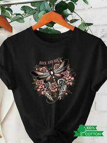 Camiseta de Cuello Redondo para Mujer con Estampado de Letras de Anime, Diseño Sencillo, Cómoda y Transpirable, Adecuada para Uso Diario Casual y Versátil, que Muestra un Estilo Natural y Elegante, Imprescindible para Fiestas de Verano. - Negro - Ver 8