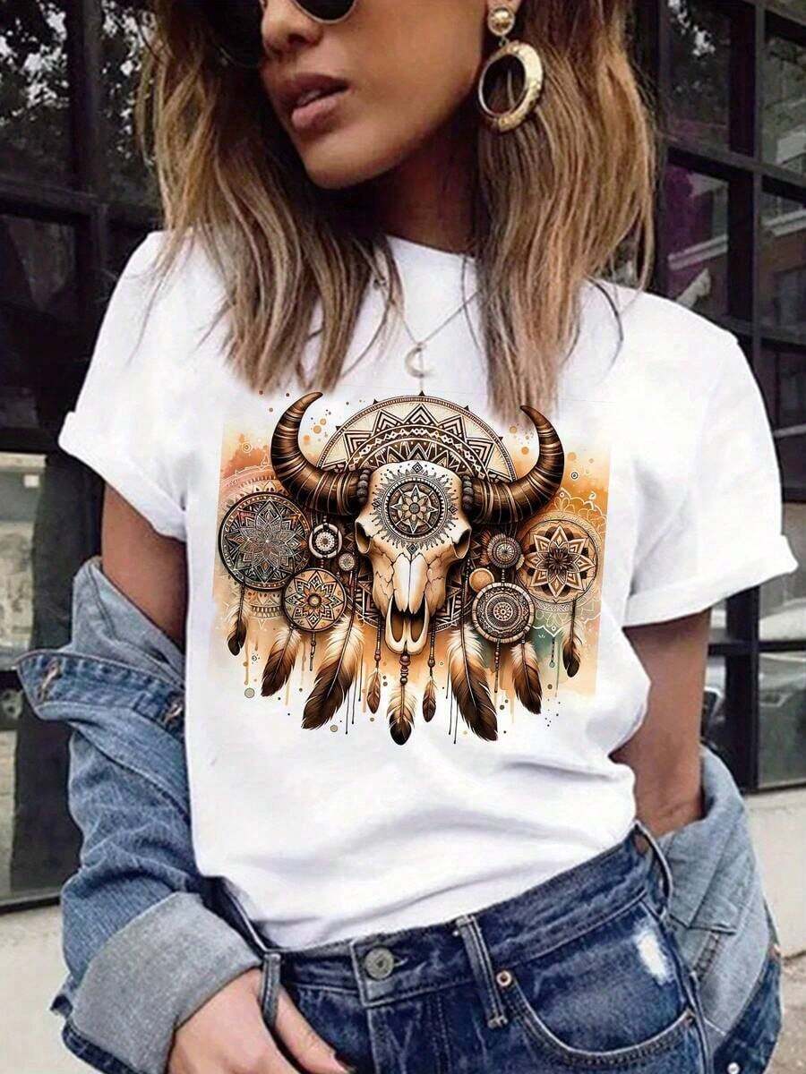 Camiseta Boho con Estampado Gráfico de Calavera de Toro Estilo Vaquero Country, Manga Corta y Cuello Redondo, Top Casual para Verano y Primavera, Ropa de Mujer100% Cotton - Blanco - Ver 1