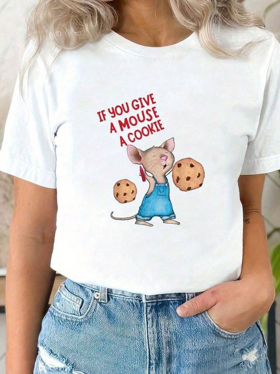 Under The RadarCamiseta Gráfica para Mujer Si Das un Galleta a un Ratón - Tee de Manga Corta Suave y Transpirable con Diseño de Ratón & Galleta Caprichoso, Top Casual de Verano, Temática Fan - Blanco - Ver 1