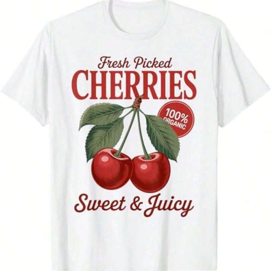 Camiseta Personalizada para Amantes de las Cerezas con Diseño de Cerezas Recién Cosechadas del Mercado de Agricultores, Negra, Talla Pequeña - Estilo Urbano Vintage Unisex, Camiseta de Manga Corta de Algodón Suelto con Cuello Redondo - Blanco - Ver 1