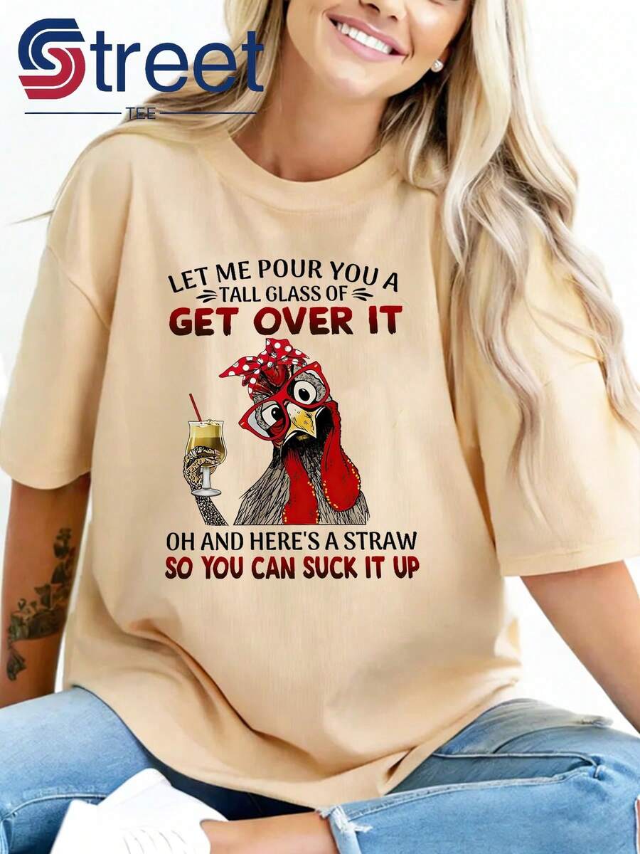 Women's Casual Short-Sleeve T-Shirt With A Fun Chicken Print And Funny Text, Fashionable Women's T-Shirt, Casual Short-Sleeve Round Neck Top For Summer And Spring, Simple And Unique Fashion Outfit, Holiday Gift, Suitable For Daily Outings, Breathable And Comfortable. - 杏色 - 查看 1