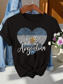Cozy Comfy Lounge "Argentina's  Day" Women's Casual Elegant Short Sleeve Crew Neck T-Shirt With Letter And Fingerprint Print, Fashionable For Work, Vacation, Daily Wear, Versatile Retro Style Top, Soft And Relaxed Home Wear. - 黑色 - 查看 11