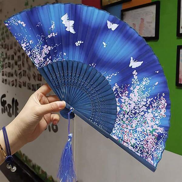 Éventail pliable en soie et bois avec gland, éventail chinois vintage, éventail pliable convenant aux femmes et aux filles, mariage, danse, fête, cadeau, accessoire, décoration d'intérieur, motif floral (bleu)