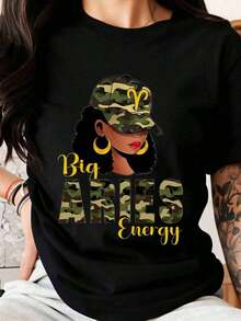 Camiseta Gráfica para Mujer con Estampado de Camuflaje Energía Aries, Camiseta de Moda con Signo del Zodíaco para Mujer, Ropa Casual, Idea de Regalo para Celebración de Cumpleaños de Aries, Camiseta de Mujer - Negro - Ver 6