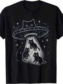 Una camiseta de mujer de manga corta, holgada, moderna, retro y elegante, adecuada para actividades al aire libre en primavera y verano, con estampados de un gato peculiar, platillo volador, gatito adorable, nave espacial y belleza alienígena, un top de verano para mujeres.blusas para mujer,blusas casuales para dama,tops,, mujer premium,y2k,playeras de mujer curvy,ofertas y liquidaciones ropa mujer,playeras deportivas para mujer,,playeras de hombre, mujer,blusas>elegante 8EUS - Negro - Ver 8