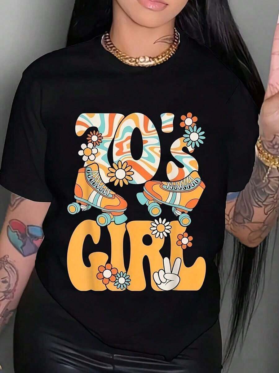 Camiseta Retro Hippie de los 70 para Mujer - Camiseta Gráfica Vibrante de los 70 con Estampado Floral y de Leopardo, Manga Corta, Cuello Redondo, Tela de Algodón Puro, Lavable a Máquina, Perfecta para Uso Casual en Primavera, Verano y Otoño, Camiseta Versátil, Estilo Retro, Estampado Vibrante. - Negro - Ver 1