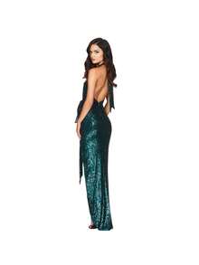 Emerald Green Sequined Women's Dress, Deep V-Neck Halter Neckline, High Side Slit, Elegant Maxi Design Ideal For Evening Parties, Graduations And Formal Winter Events, Glamorous Style Perfect For Celebrations And Elegant Dinners - 墨綠色 - 查看 3