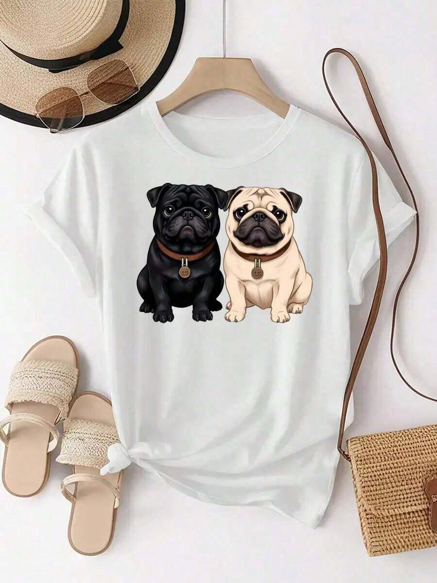 Soft Adorable estampado de perro Pug, lleno de encanto.Una camiseta de moda casual de manga corta y cuello redondo para mujer, top cómodo con un diseño divertido pattern - [Blanco] - Ver 1