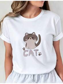 Soft T-Shirt For Women With Cartoon Cat Print, CAT Letter Print, Round Neck, Standard Size, Casual Top I01, Comfortable Women's Clothing, Elegant Blouses For Ladies. - 白色 - 查看 7