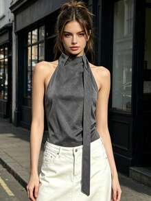Womens Halter Tank Tops Summer Fashion Solid Color Mock Neck Backless Going Out Vest - Grey - View 1
